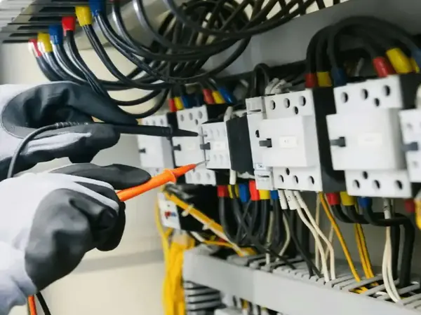 Gloved hands testing electrical equipment with multimeter probes
